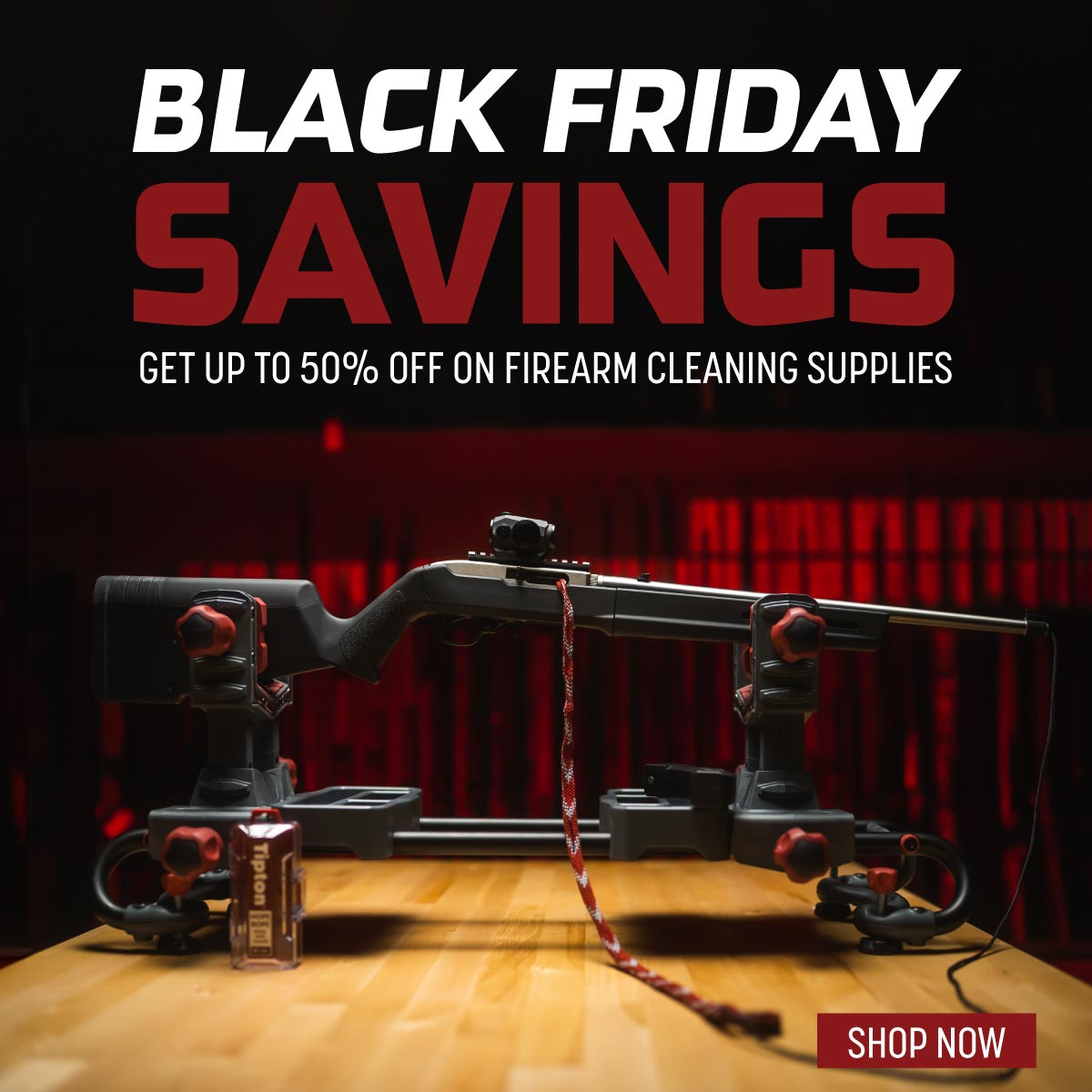 black friday savings, get up to 50% off on firearm cleaning supplies, shop now